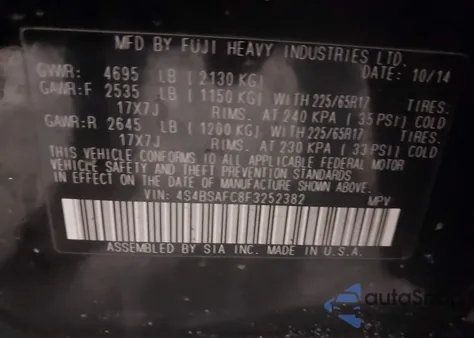 2015 Subaru Outback 2.5I Premium z USA, uszkodzony, nr VIN 4S4BSAFC8F3252382